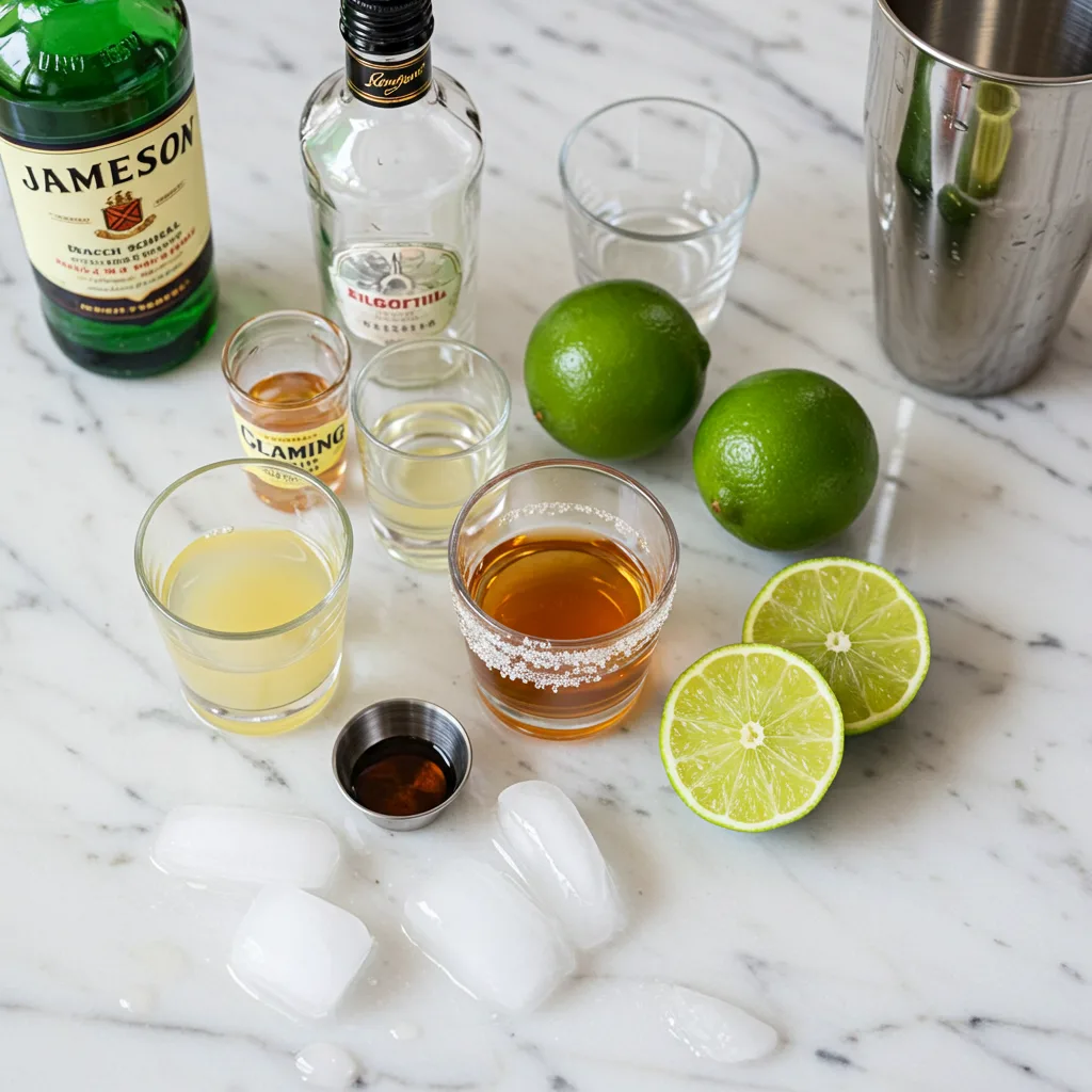 Green tea shot ingredients including Irish whiskey, peach schnapps, and sour mix