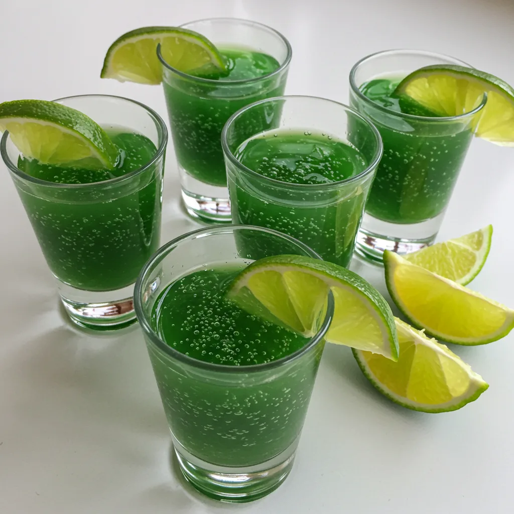 Green tea shot recipe with Irish whiskey and peach schnapps in shot glasses